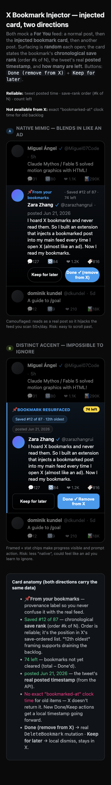 The injected bookmark rendered as a native X post at the top of the For You feed